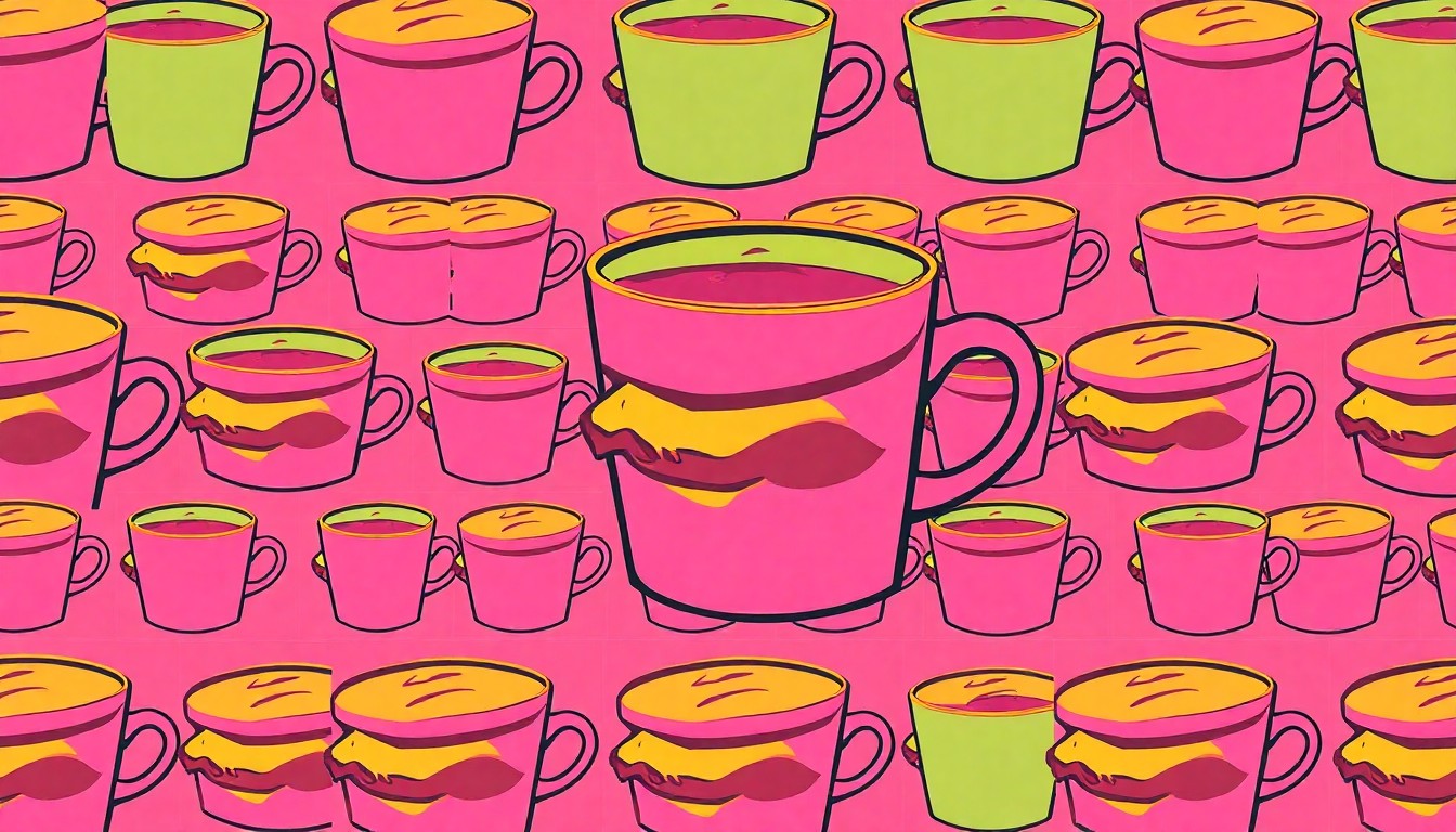 A vibrant, silkscreen-style illustration of a breakfast sandwich repeated in a grid pattern, capturing the simple yet delicious fare that has made Snack Stop a local favorite.