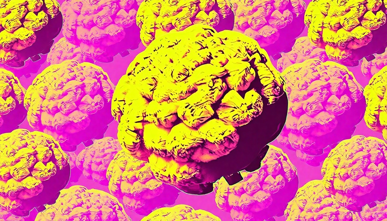 A bold, colorful silkscreen-style illustration featuring a repeating pattern of a single cauliflower floret in vibrant neon shades, conceptually representing the versatility and cost-effectiveness of making your own cauliflower rice at home.