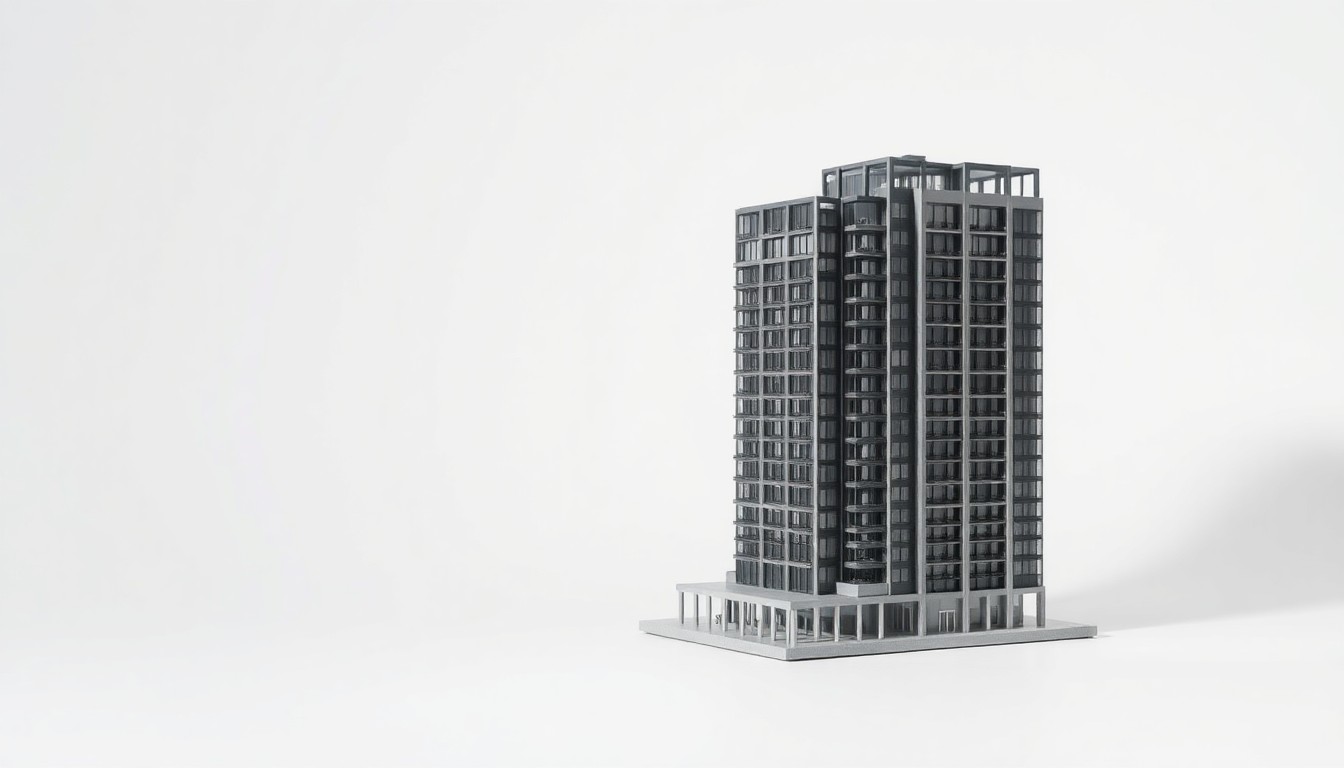 A photorealistic studio still life of a sleek, angular high-rise building model made of polished steel and glass, floating on a clean white background and dramatically lit to cast long shadows, representing the complexities of urban development.