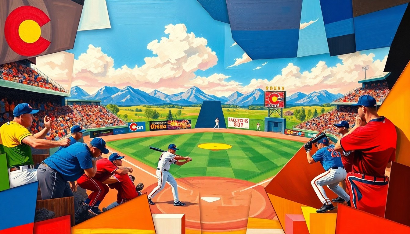 A cubist, geometric painting featuring overlapping planes of bright blue, red, and yellow, abstractly depicting a baseball game with the Razorback Suckers team's logo prominently displayed.