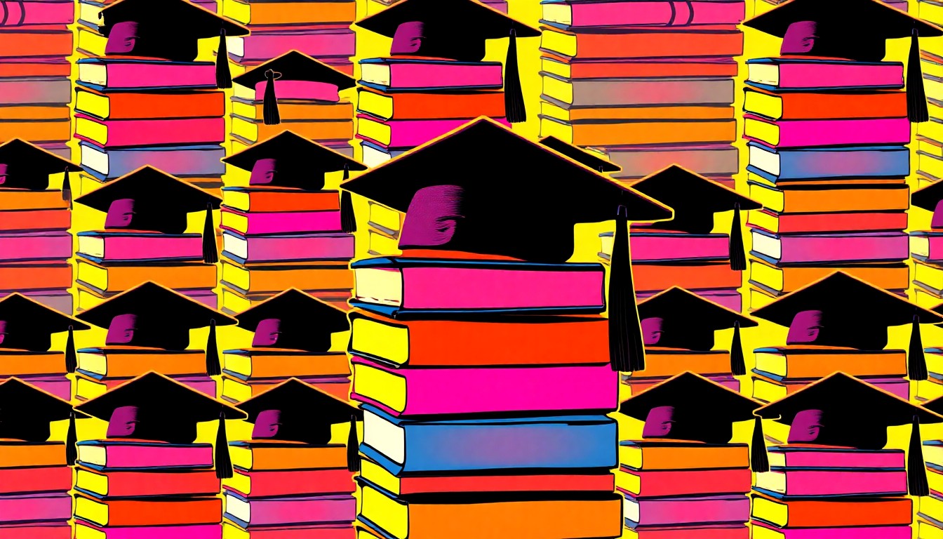 A vibrant, high-contrast silkscreen print featuring a repeating pattern of textbooks and a mortar board hat, representing the modernization of Kentucky State University's academic programs.