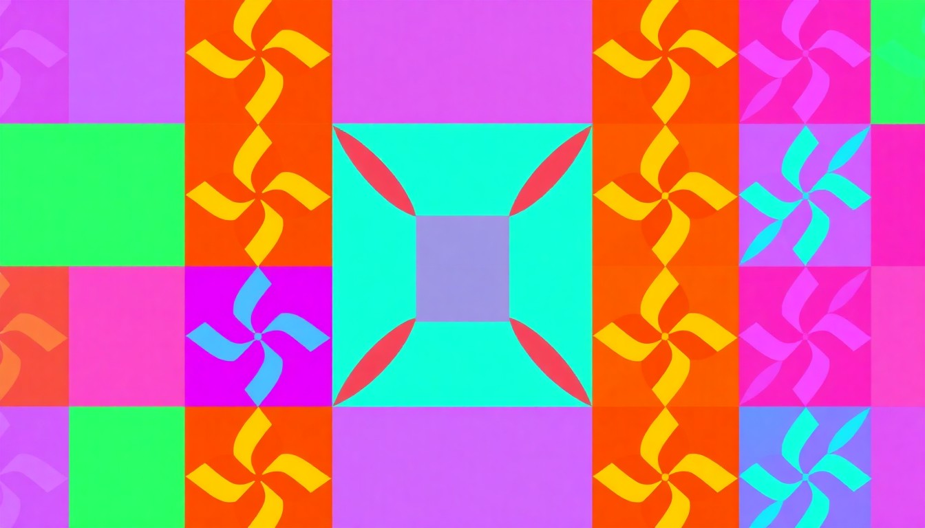 A brightly colored, high-contrast silkscreen print of a classic quilt pattern, such as a log cabin or star design, repeated in a tight grid pattern in a pop art style, capturing the vibrant energy and craftsmanship of the annual Festival of Quilts.