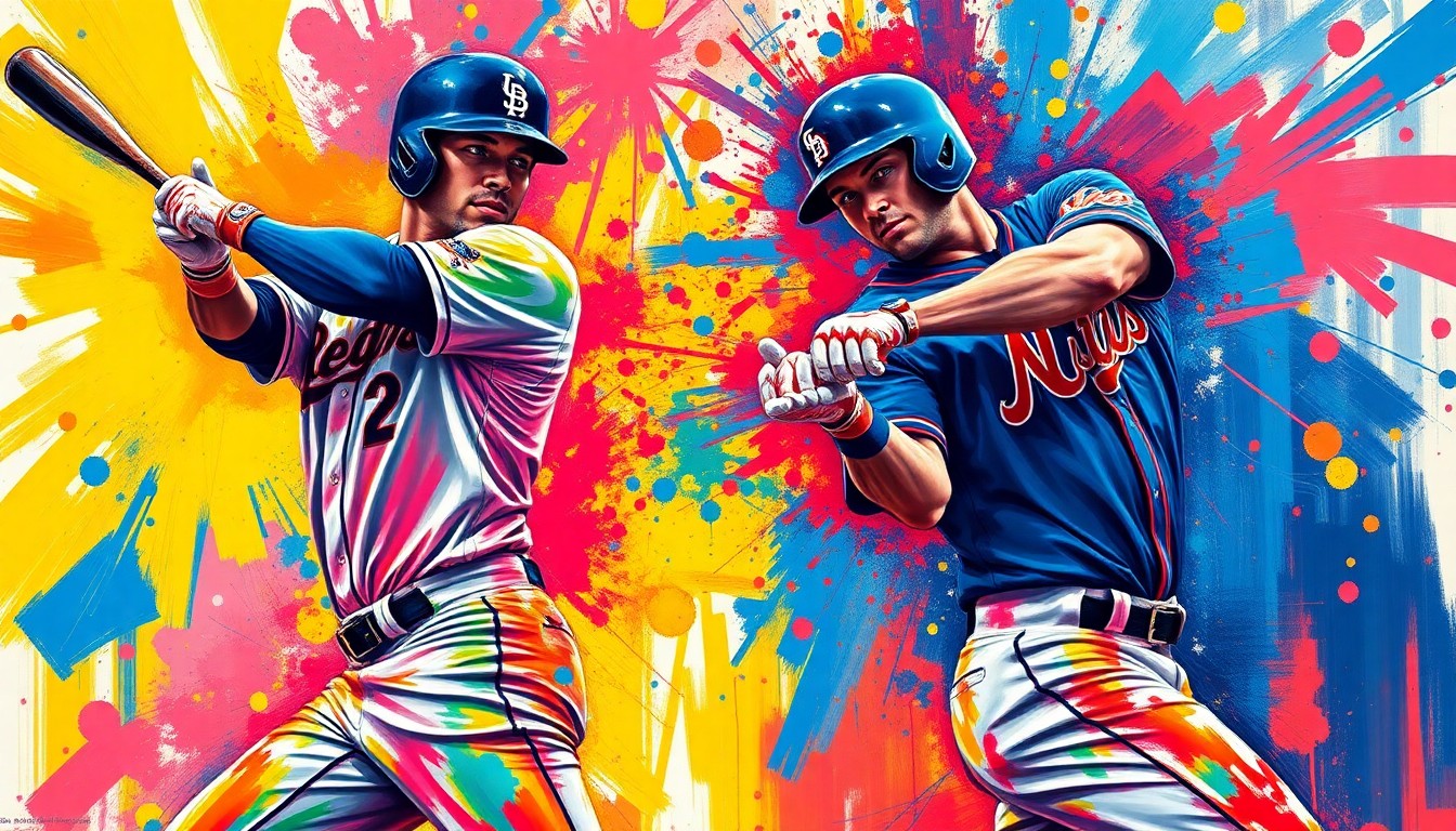 An abstract, expressionist painting featuring bold, neon-colored brushstrokes that capture the raw power and energy of baseball players hitting home runs, with their faces and uniforms dissolving into a vibrant, colorful blur.