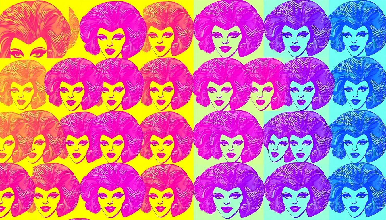 A brightly colored, abstract silkscreen print composed of a repeating pattern of a stylized drag queen's wig in shades of pink, purple, and blue, conceptually representing the energy and community spirit behind the Dudley's Place drag brunch fundraisers.