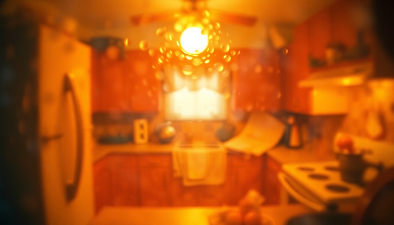 An abstract, impressionistic photograph composed of blurred, overlapping shapes and pools of warm, muted colors, evoking the nostalgic atmosphere of 1970s kitchen decor and appliances.