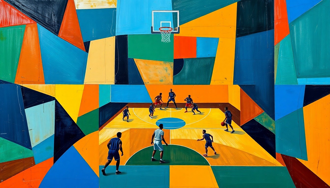 A cubist, geometric painting depicting a fragmented basketball game, with players and the court broken down into sharp, overlapping shapes and planes in a vibrant color palette, capturing the energy and strategy of fantasy basketball.