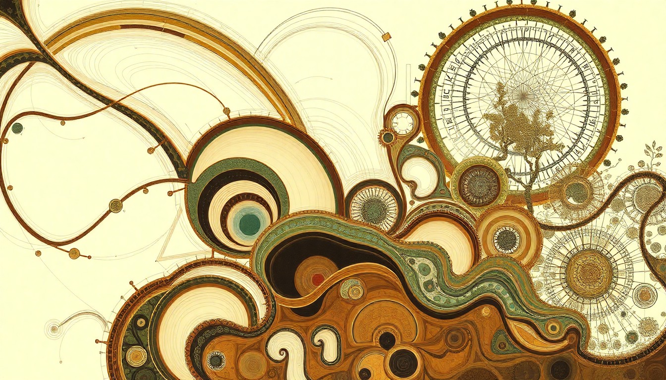 A highly structured abstract painting in muted earth tones, featuring sweeping geometric arcs, intersecting waveforms, and precise botanical spirals, conceptually representing the complex environmental forces and contamination at the Colonial Creosote Superfund Site.