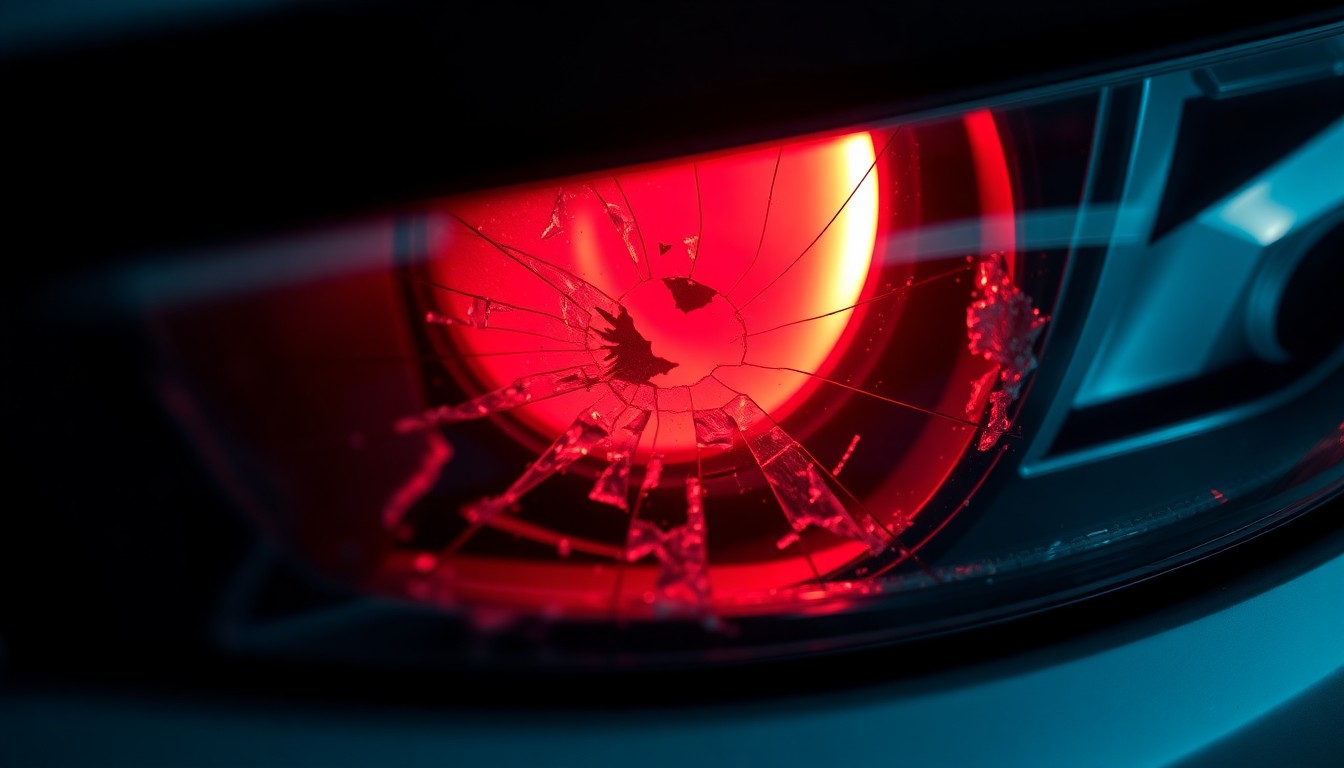An extreme close-up of a shattered car sensor lens reflecting a faint red light, conceptually illustrating the vandalism of self-driving cars.