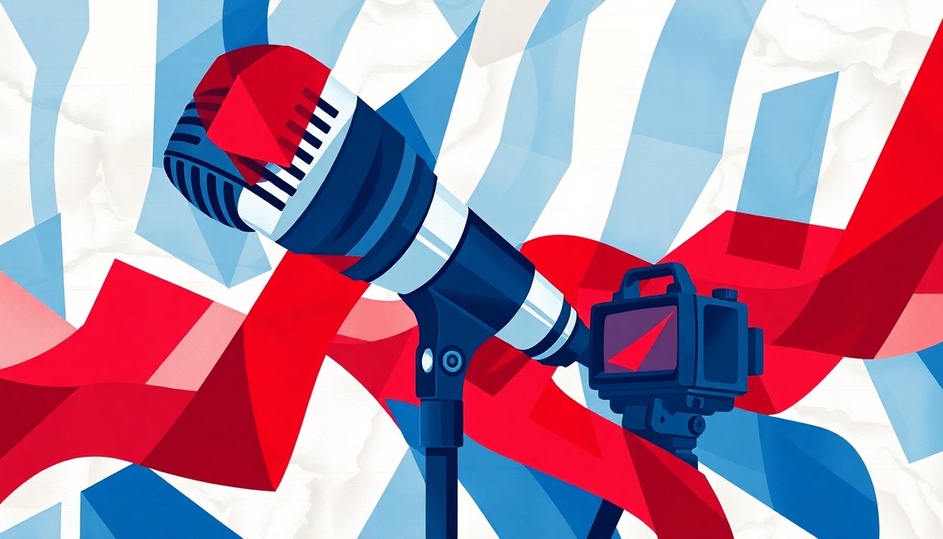 A dynamic, abstract painting with overlapping geometric shapes and brushstrokes in shades of red, white, and blue, conceptually representing the fractured and divisive political discourse surrounding President Trump's attacks on his critics.