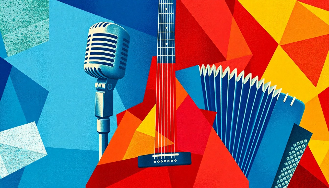 A vibrant, abstract painting featuring overlapping geometric shapes and fragments of musical instruments in shades of blue, red, and yellow, conceptually representing the complex issues surrounding the political campaign of a Texas congressional candidate.