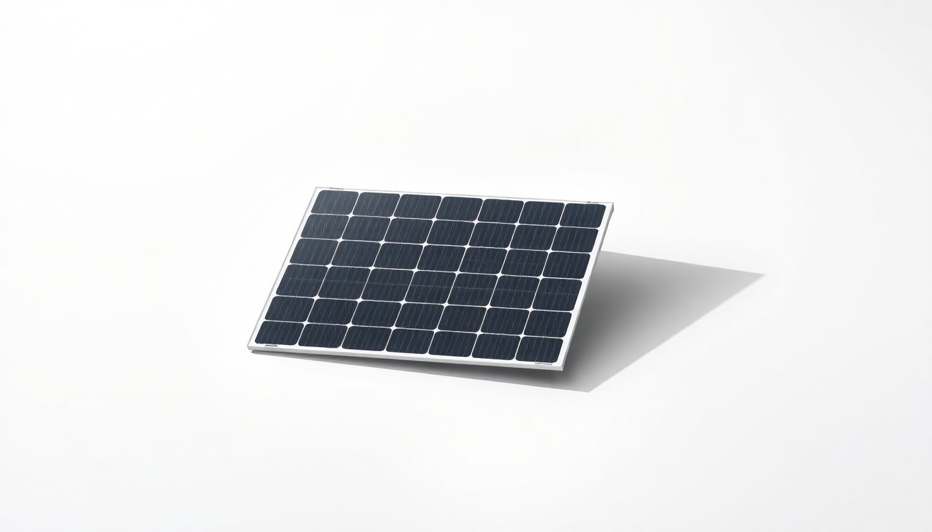 A highly detailed, photorealistic studio photograph of a sleek, geometric solar panel module resting on a clean, monochromatic background, conceptually representing the abstract ideas of renewable energy and sustainable development.