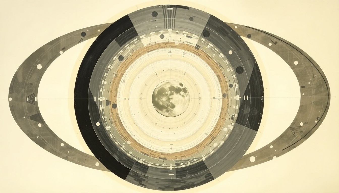 A bold, abstract painting in soft earth tones featuring sweeping geometric arcs, concentric circles, and precise spirals, conceptually representing the complex forces and concepts behind the Artemis II mission to the Moon.