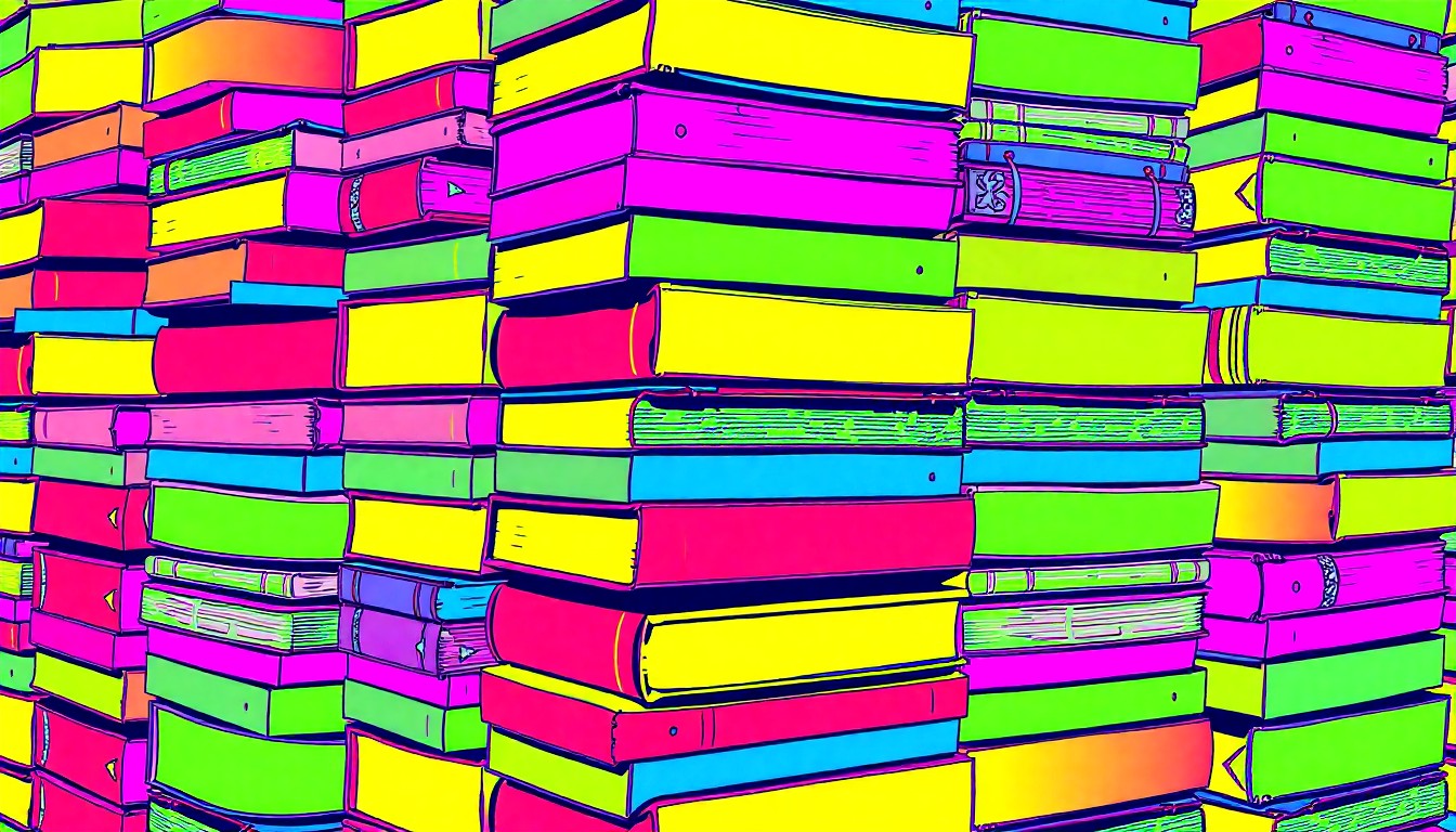 A bold, colorful silkscreen-style illustration featuring a repeating pattern of stacked school textbooks in vibrant neon hues, conceptually representing the impact of Keller ISD's school consolidation plan on local students.