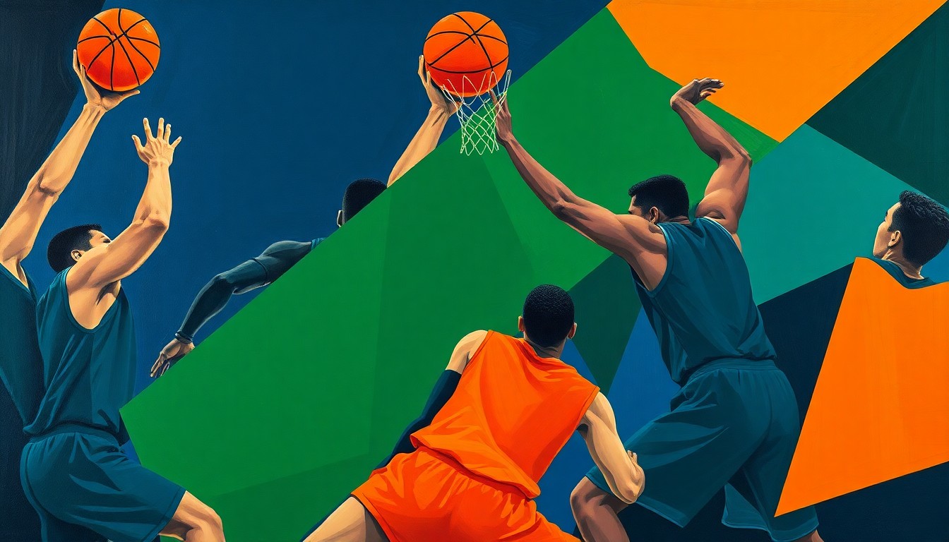 A fractured, multi-perspective painting depicting the abstract, angular forms of basketball players in motion, using a vibrant color palette to capture the dynamic energy of the sport.