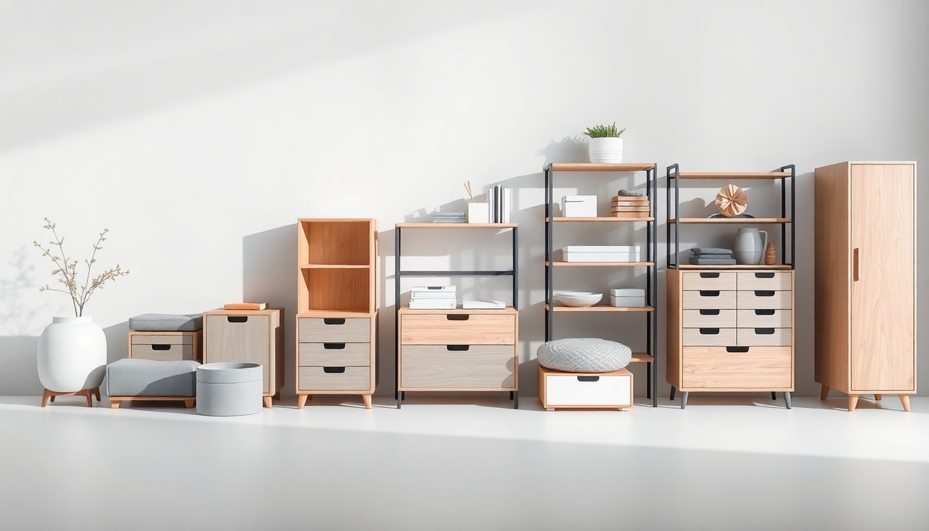 A high-end, photorealistic studio still-life photograph featuring a neatly arranged set of premium home organization products, including sleek storage containers, shelving units, and other minimalist home goods in a muted color palette. The objects are positioned on a clean, monochromatic background, using dramatic lighting and shadows to represent the abstract concepts of corporate strategy and the evolving retail landscape.