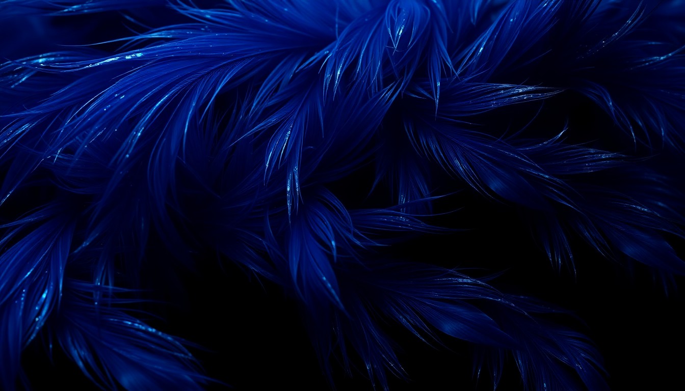 An extreme close-up of shimmering blue and black silk feather textures, captured in dramatic high-contrast studio lighting to create a glitzy, high-fashion aesthetic.