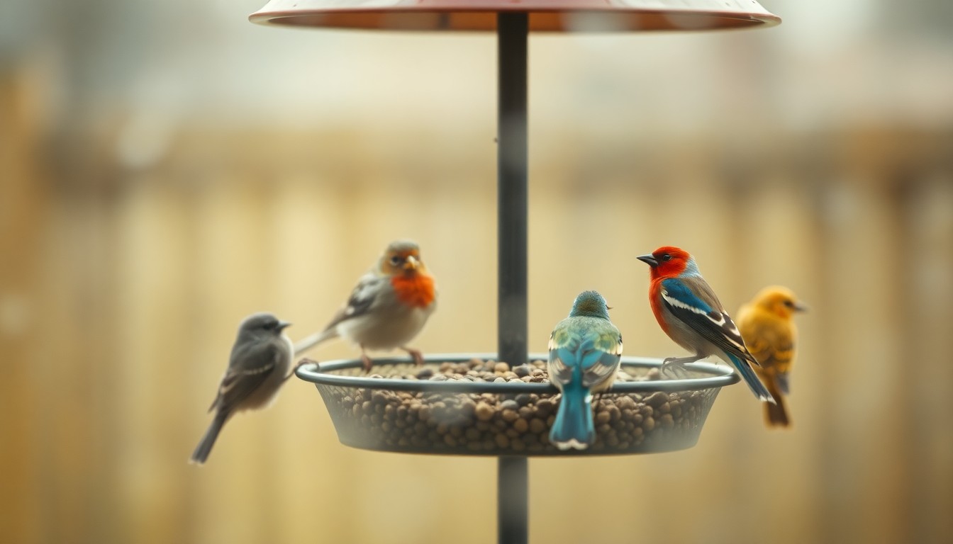 An impressionistic, out-of-focus photograph showing the silhouettes of several small birds perched around and on a backyard bird feeder, with the surrounding landscape blurred into soft, warm pools of color and light.
