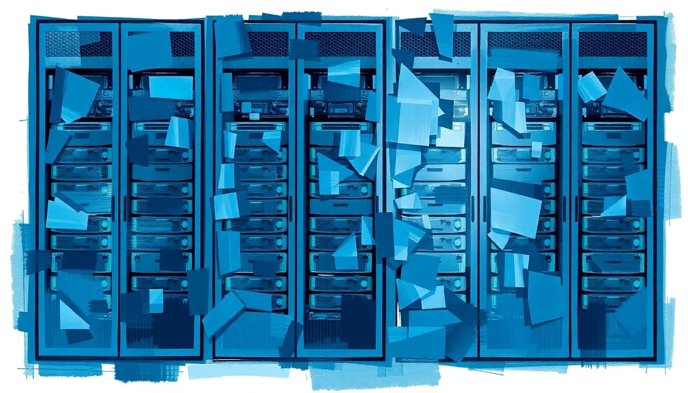 A dynamic, abstract painting featuring overlapping geometric shapes and patterns in shades of blue and gray, conceptually representing the high-tech, fast-paced nature of the data center industry at the center of Maryland's energy policy debate.