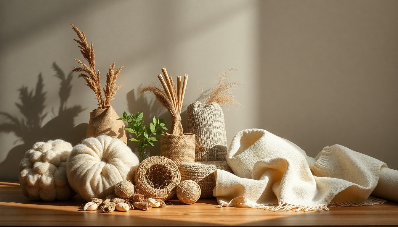 A photorealistic studio still life featuring a neatly arranged collection of premium natural fiber materials like wool, jute, and linen, conveying a sense of quality and luxury through dramatic lighting and sharp shadows.