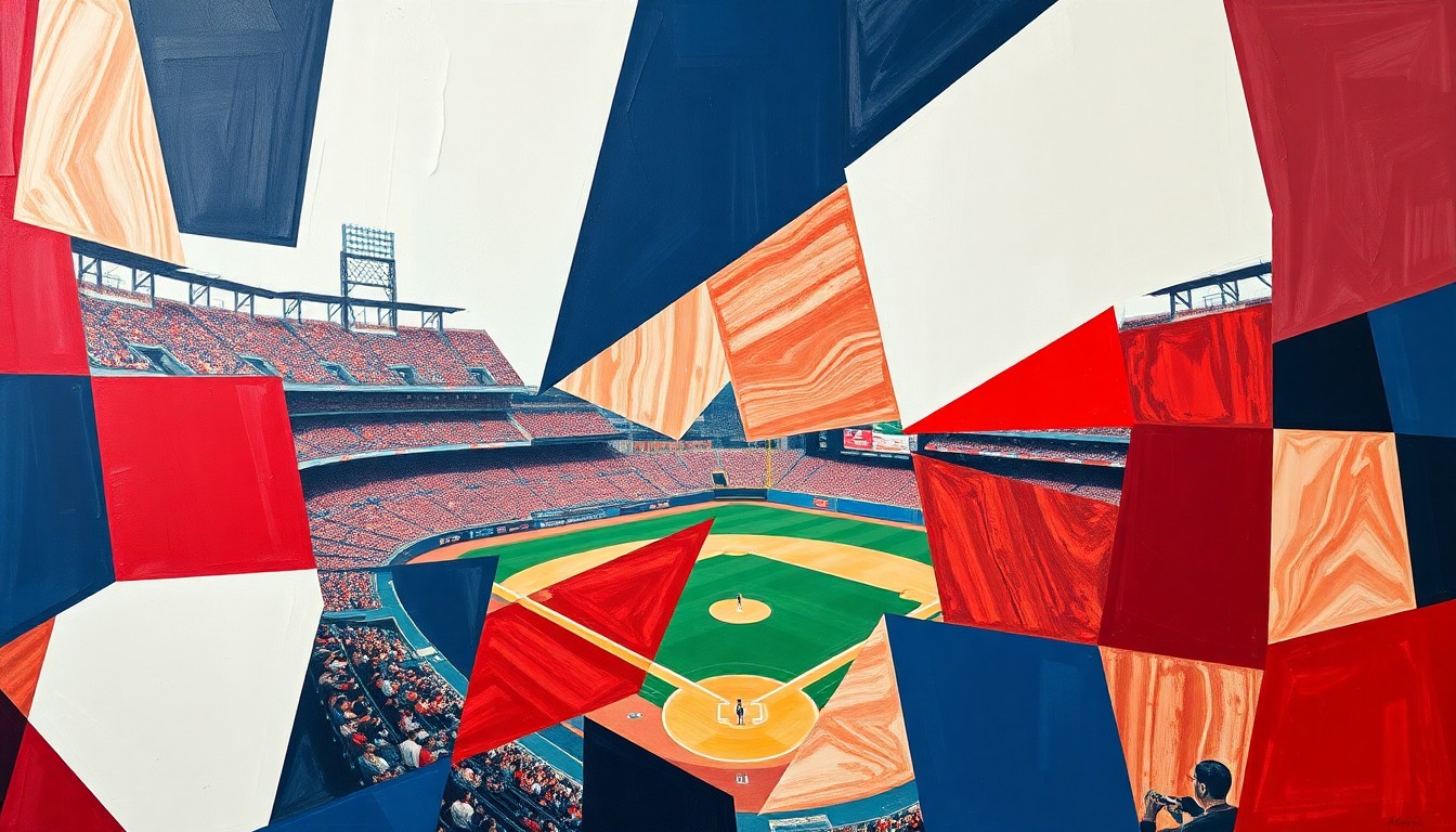 A cubist, geometric painting depicting a fragmented baseball stadium scene, with sharp planes of red, navy blue, and white representing the team's colors and the dynamic energy of the sport.