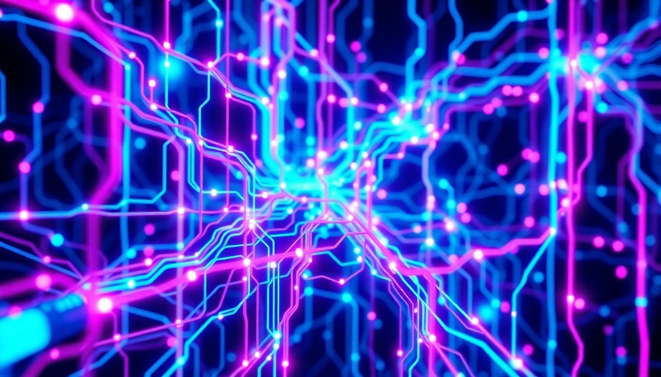 A highly detailed, glowing 3D illustration of a complex network of interconnected circuits, wires, and data streams in shades of neon blue, purple, and magenta, conceptually representing the powerful yet invisible infrastructure that powers modern technology.