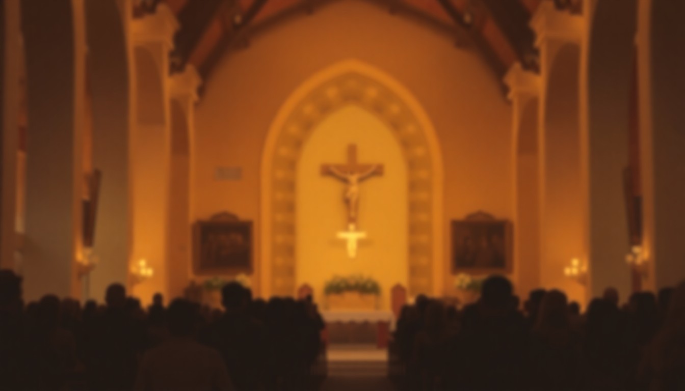 A softly focused, atmospheric photograph of a church interior, with muted colors and blurred figures, conveying a sense of quiet contemplation and reverence.