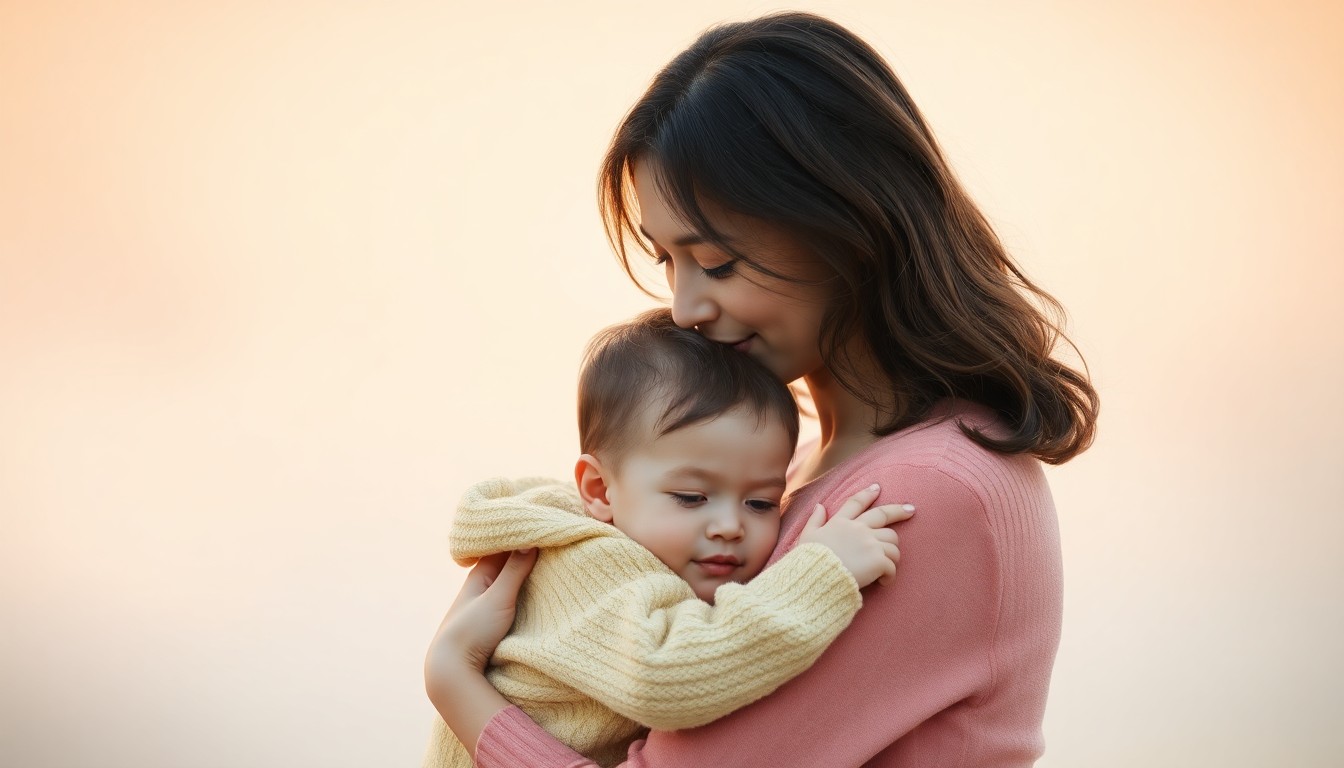 A blurred, intimate photograph of a mother and child embracing, with the background softened into warm, pastel-colored light, conceptually representing the transformative journey of new motherhood.
