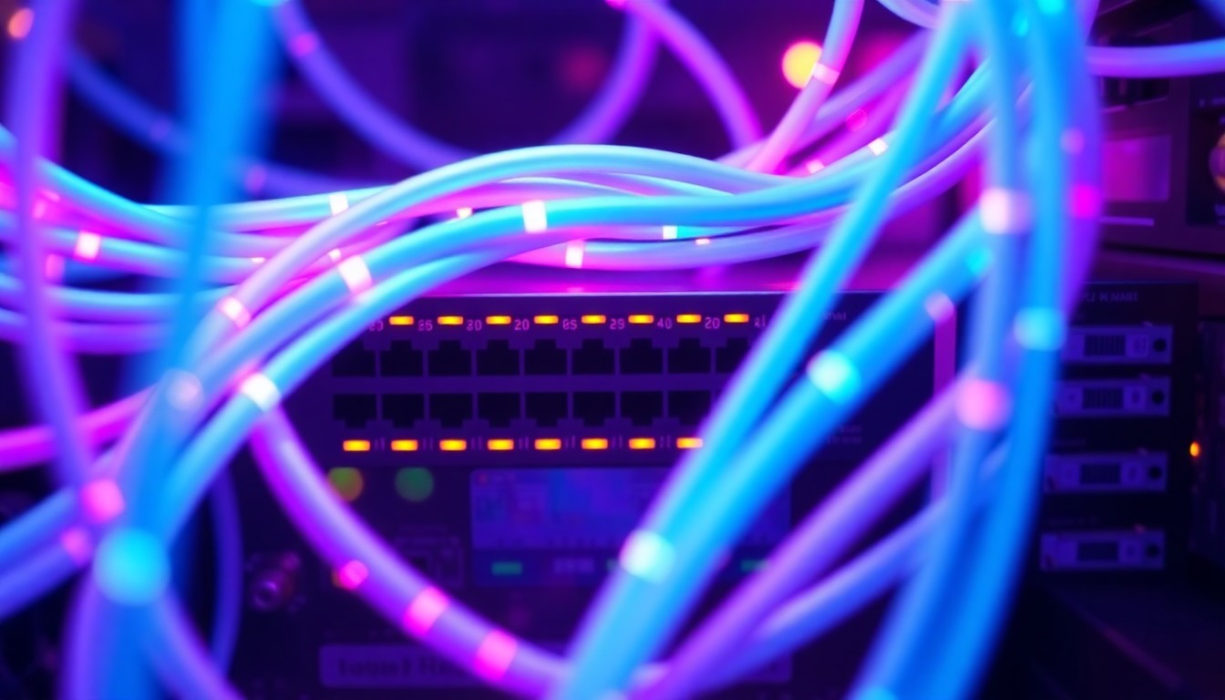 A highly detailed, 3D macro illustration of glowing, tangled fiber optic cables and network switches in shades of neon blue and magenta, conceptually representing the digital backbone that powers modern school systems.