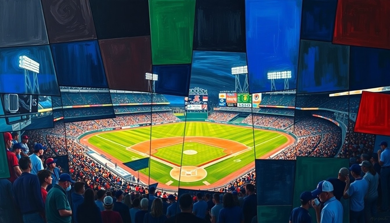 A fragmented, geometric painting in bold colors depicting the chaotic scene of a baseball stadium, players, and fans in motion.