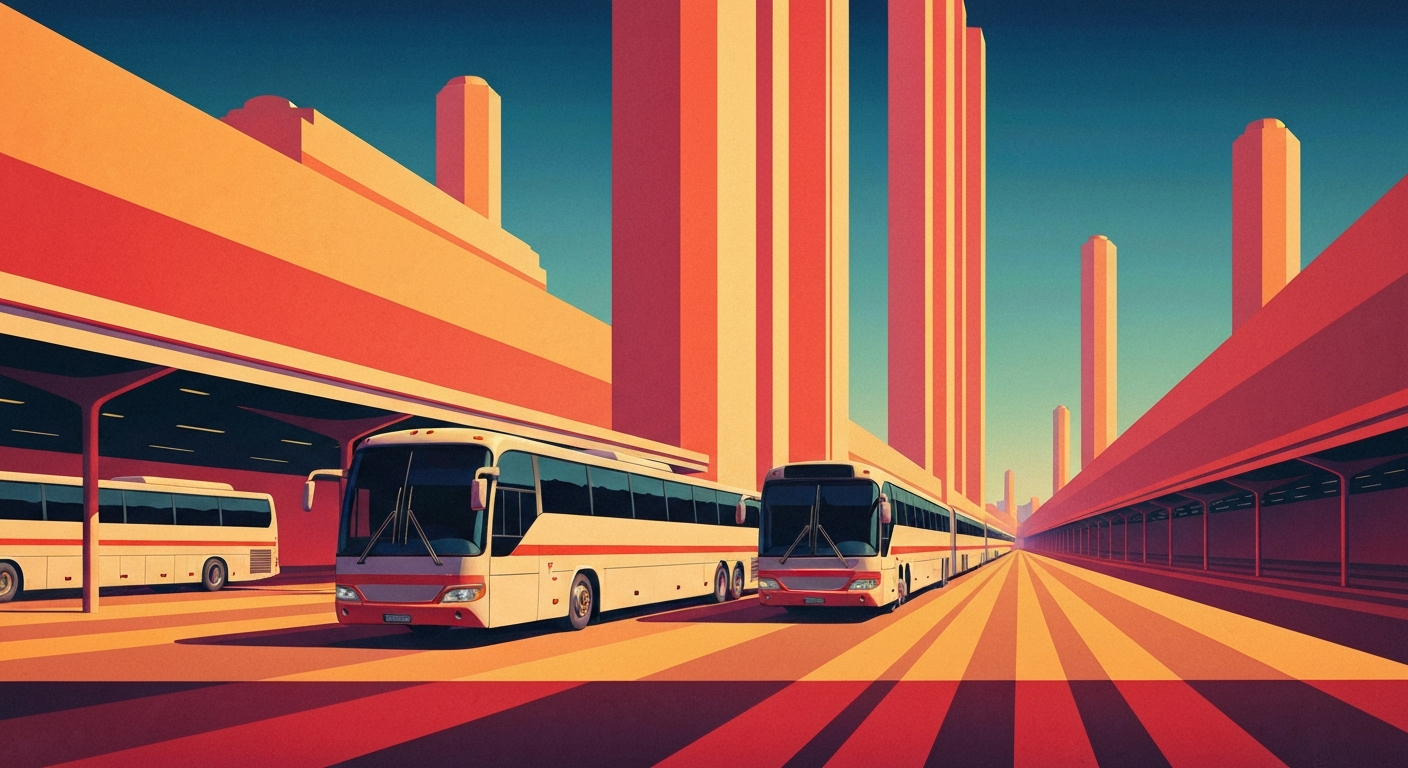 A bold, geometric illustration in the Art Deco style depicting a stylized, towering bus terminal with sweeping gradients of blue, green, and orange, capturing the grand scale and romance of intercity bus travel.