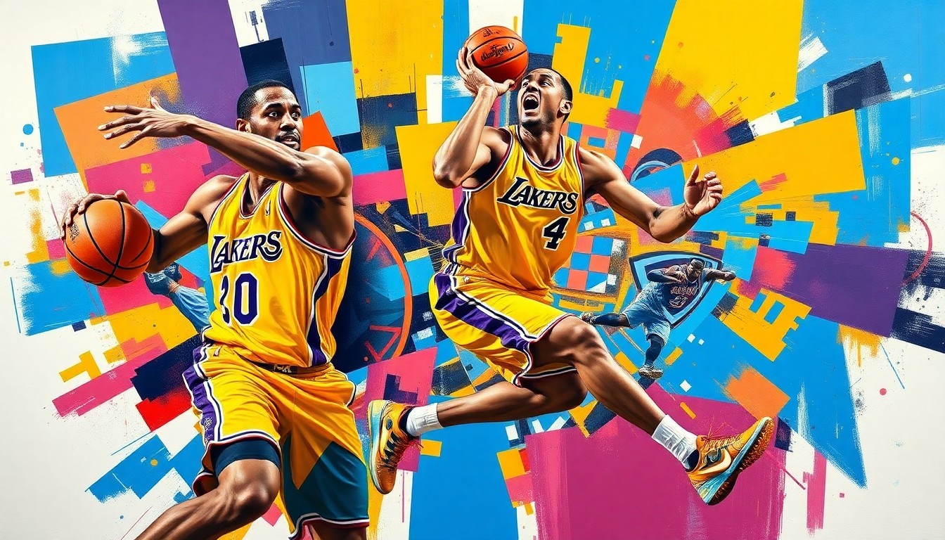A cubist, geometric painting depicting the dynamic movements and energy of a basketball player on the court, with the player's form fractured into overlapping planes of bright colors representing the Lakers and Thunder uniforms.