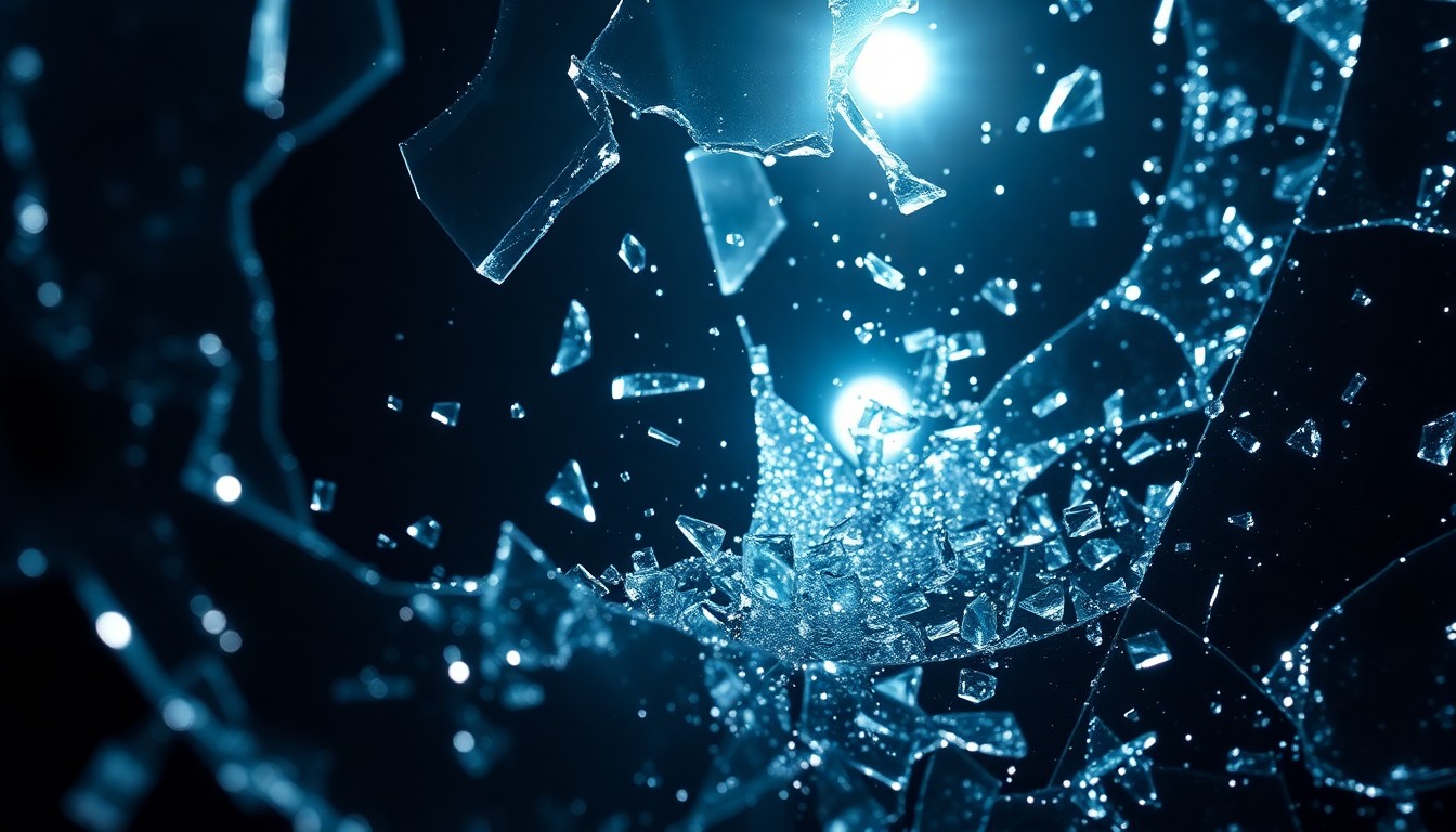 An abstract close-up photograph of shattered glass and glittering shards, reflecting a faint spotlight, conceptually representing the fragility and danger of celebrity life.
