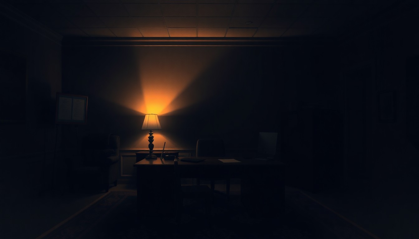 A dimly lit, cinematic painting of an empty government office, with a single desk lamp casting warm, diagonal light across the room. The room is bathed in deep shadows, creating a pensive, contemplative mood.