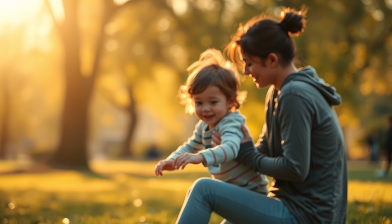 An abstract, out-of-focus photograph showing a parent and child playing together in a park, with the background blurred into soft, warm pools of light and color, conceptually representing the importance of community support and early intervention in child abuse prevention.