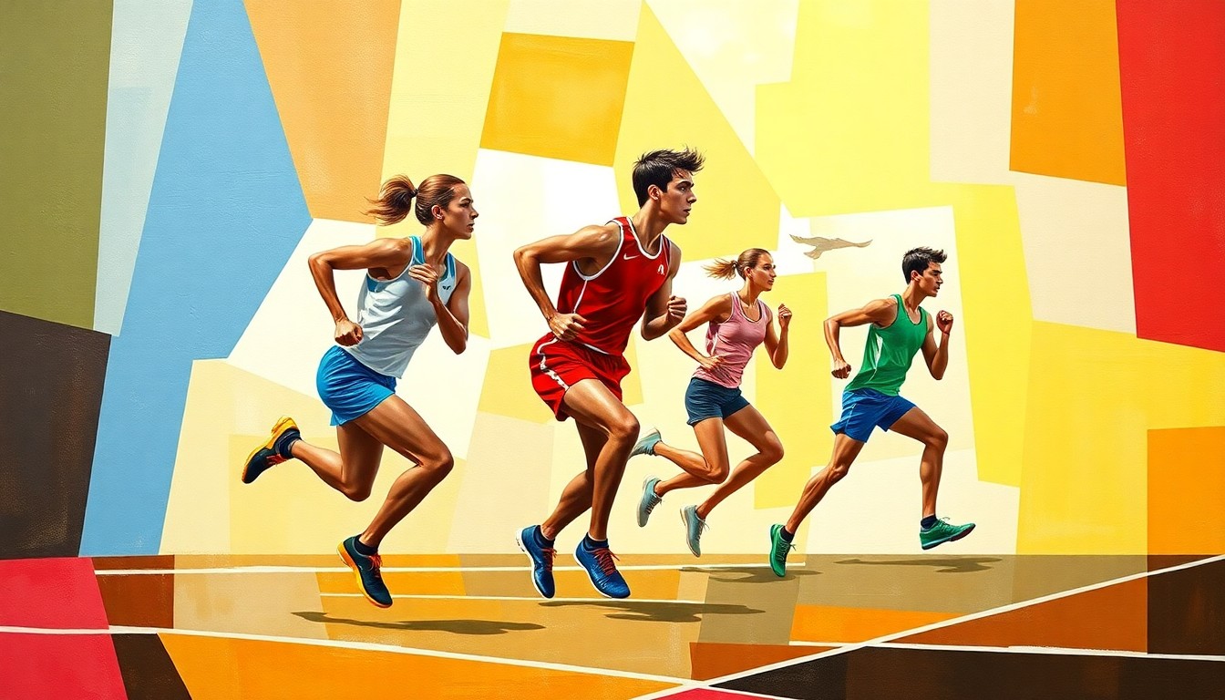 A fragmented, multi-perspective painting in bold, geometric shapes and colors, capturing the dynamic movements and energy of high school track and field athletes in competition.