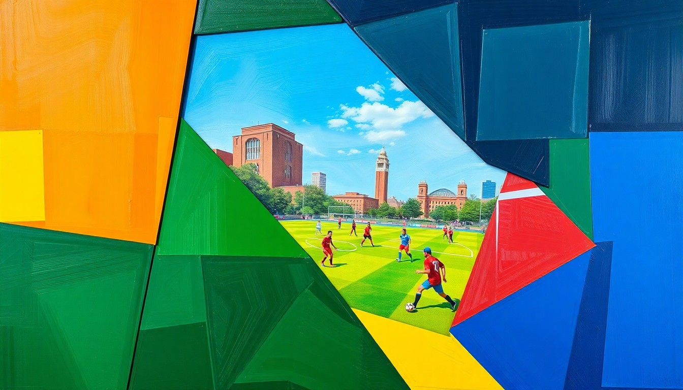 A cubist, geometric painting depicting a fragmented soccer match or competition on a new mini pitch in Philadelphia's Dilworth Park, with sharp, overlapping planes of vibrant team colors.