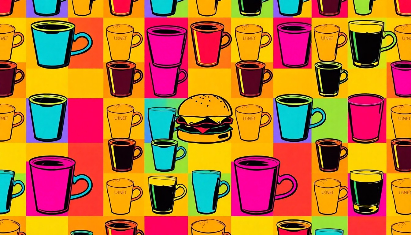 A brightly colored, high-contrast silkscreen print of a glass of whiskey repeated in a tight grid pattern, conceptually representing the cozy and casual vibe of a neighborhood bar.