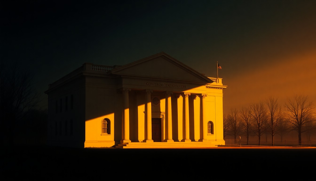 A serene, photorealistic painting of a government building or courthouse in a major city, with warm light streaming in through the windows and deep shadows casting across the facade, conveying a sense of quiet contemplation and the weight of political power.