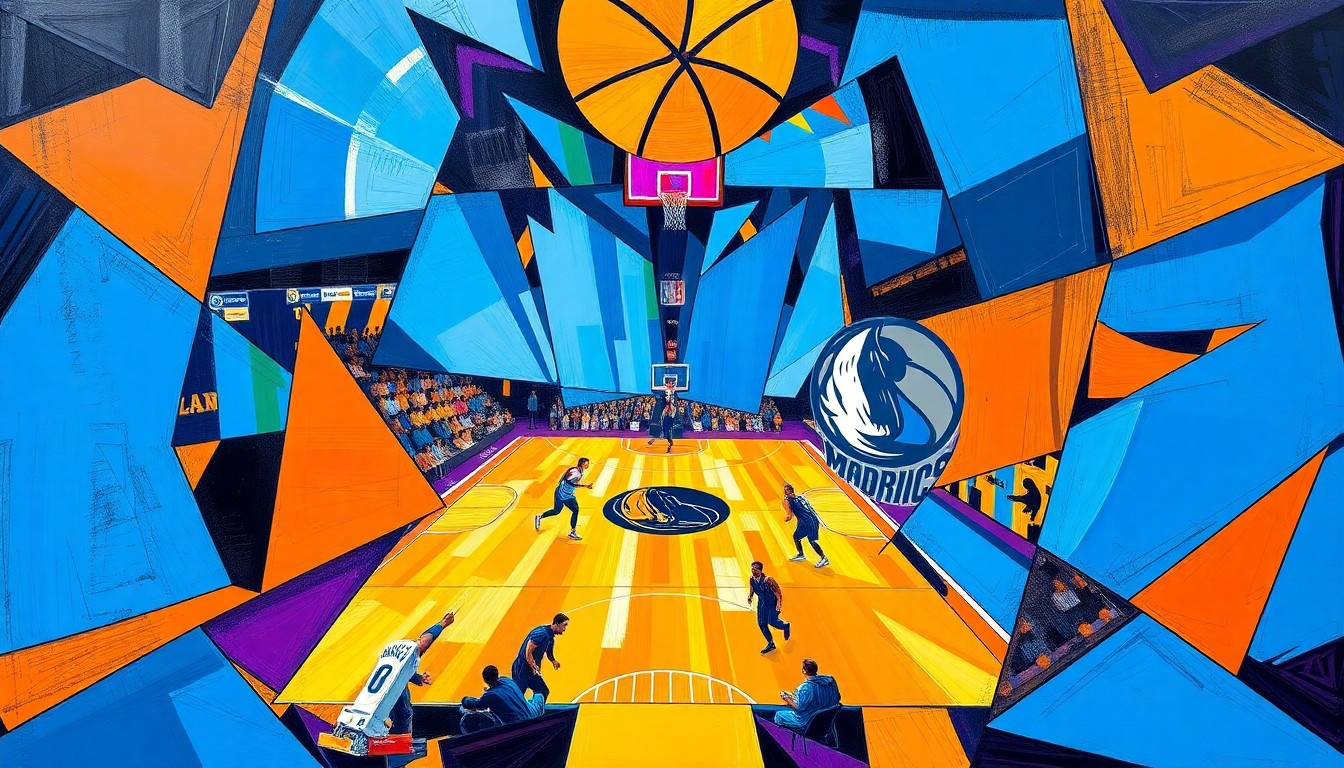 A cubist, geometric painting depicting a basketball game in motion, with overlapping planes of color and shape representing the players and action on the court.