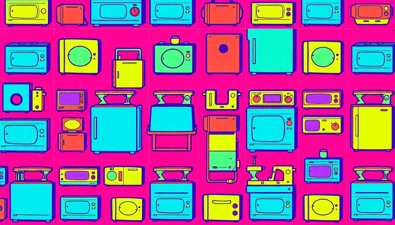 A brightly colored, high-contrast silkscreen print of a kitchen appliance such as a stove or refrigerator, repeated in a tight grid pattern in vibrant neon hues with heavy black outlines, conceptually representing the elevated craftsmanship and attention to detail of this custom-built luxury home.