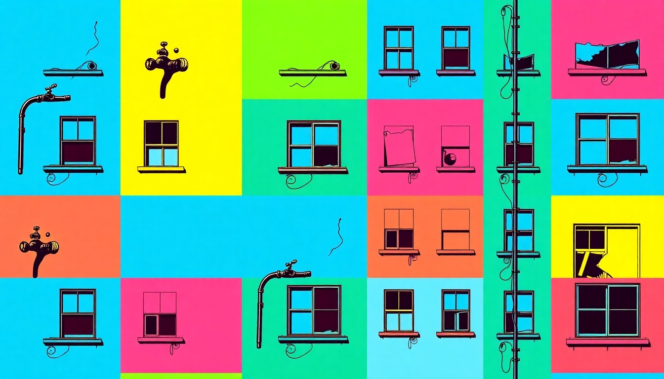 A high-contrast, silkscreen-style grid of a leaky faucet in neon green, pink, and blue, conceptually representing the housing maintenance issues faced by tenants dealing with unresponsive landlords.