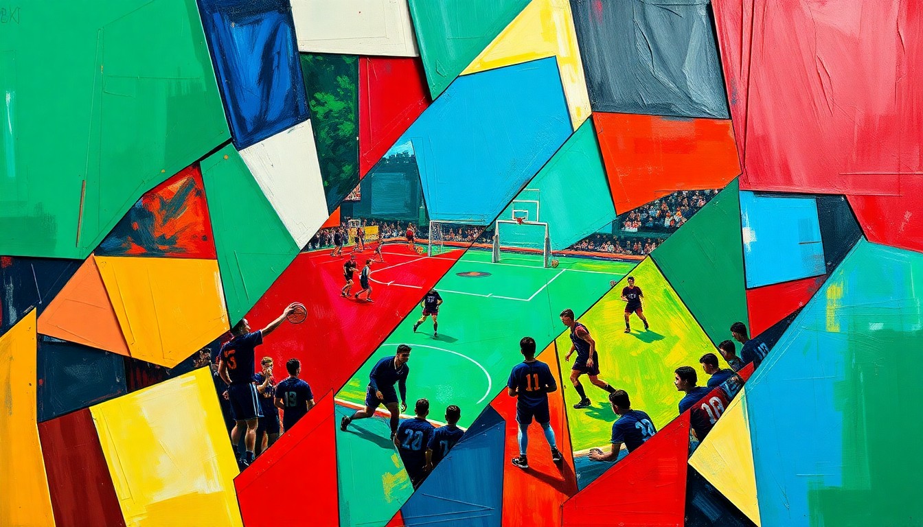 A fragmented, geometric painting in bold, vibrant colors that depicts the overlapping movements and perspectives of a high school sports competition, conveying the dynamic nature of the event.