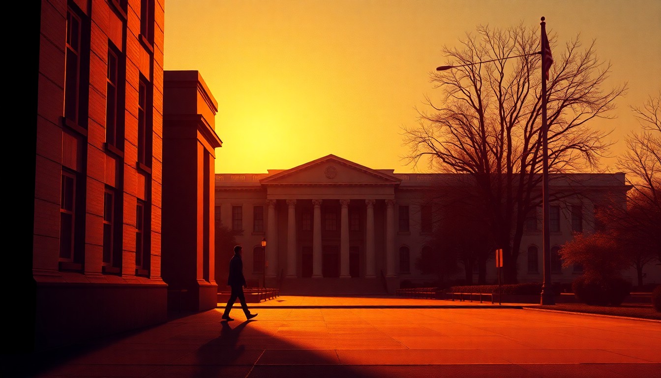 A serene, cinematic painting depicting a lone person walking past a government building, the scene bathed in warm, directional light and deep shadows, conveying a sense of quiet contemplation about the weighty issues surrounding birthright citizenship.