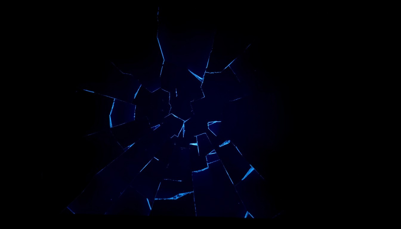 An abstract, high-contrast close-up photograph of a shattered computer screen reflecting a faint blue glow, conveying the nostalgic humor of outdated internet culture.