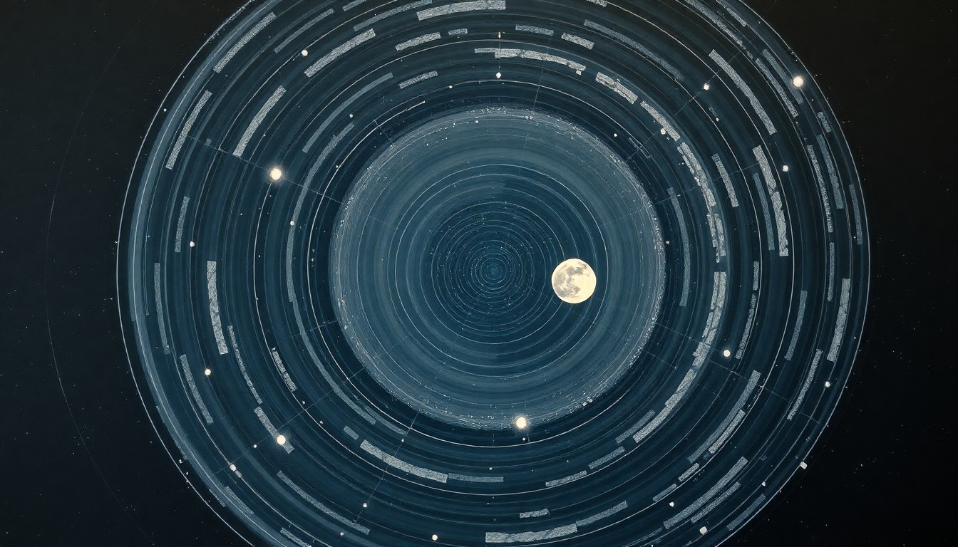 A bold, abstract painting in soft blues, greens, and grays depicting the looping, geometric path of the Artemis II spacecraft as it orbits the moon, conveying the structural order and precision of the historic mission.