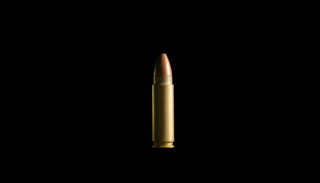 An extreme close-up photograph of a single bullet casing against a pitch-black background, lit by a harsh, direct camera flash, conceptually representing the violence and investigation surrounding this crime.