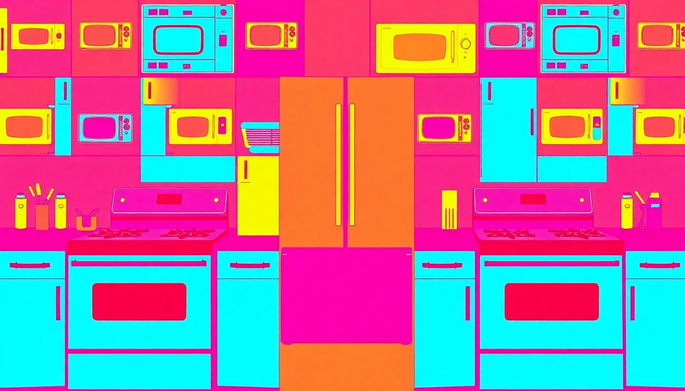 A brightly colored, high-contrast silkscreen print of a modern kitchen refrigerator repeated in a tight grid pattern, conceptually representing the desirable appliances and finishes found in this luxury rental property.