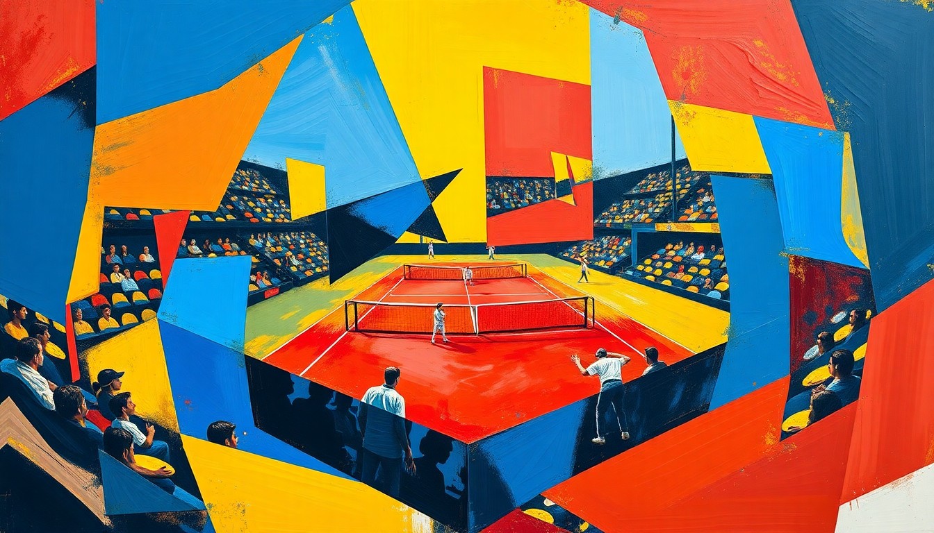 A fractured, multi-perspective painting depicting a tennis match or competition, with sharp, overlapping geometric planes in vibrant colors like royal blue, crimson red, and golden yellow, conceptually representing the challenges Iva Jovic faces in competing with the top players on the WTA tour.