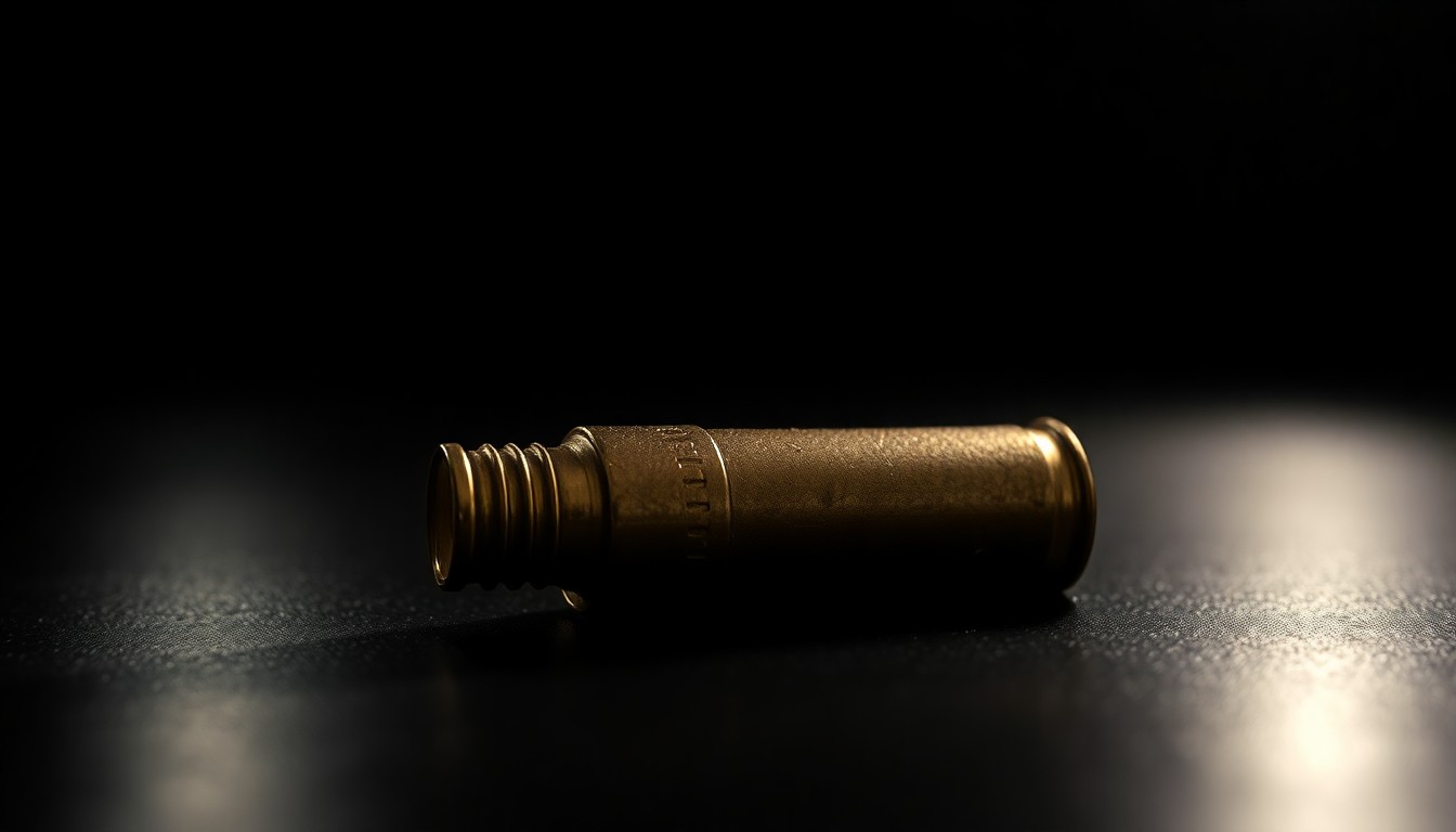 An extreme close-up photograph of a single spent shell casing on a dark surface, lit by a harsh, direct camera flash, conceptually illustrating the aftermath of a shooting incident.