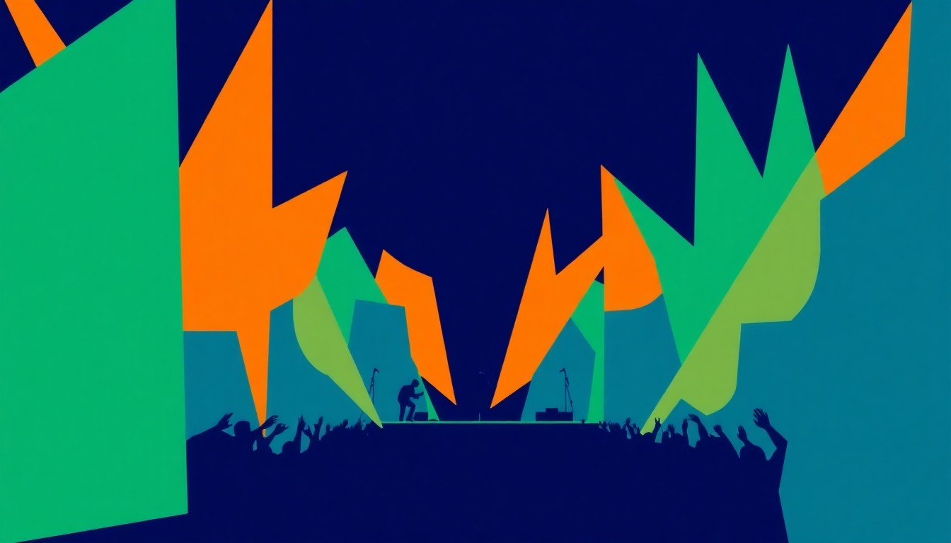 An abstract, minimalist illustration composed of bold, jagged geometric shapes in shades of blue, green, and orange, conceptually representing the excitement and energy of a country music concert.